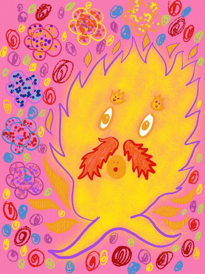 My Artwork Fiery Flaming Moustache Guy Surrounded by Very Happy Flowers.jpg