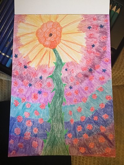 My Artwork Thorny Tower, Fluffy Flower Coloured Pencils.jpg