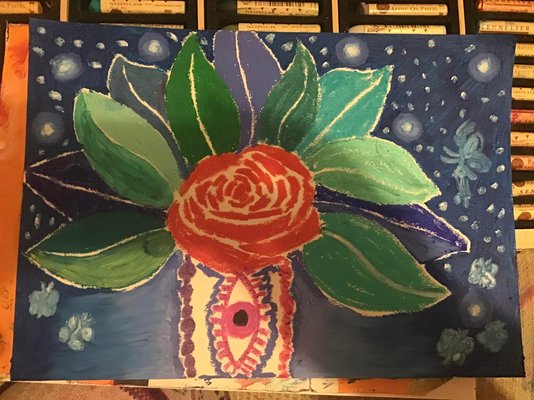 My Artwork Rose and Leaves Starry Sky Oil Pastels.jpg