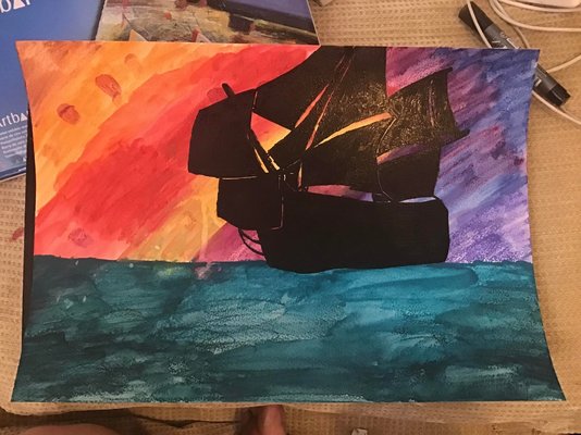 My Artwork Black Ship On Rainbow Sunset Background With Green Sea Derwent Artbars Black Oil Pa...jpg
