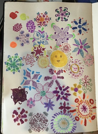 My Artwork Abstract Flowers and Fruit Watercolour Pencils Fineliner Pens Painting With Gel Pen...jpg