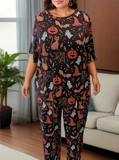 Temu Cute Halloween Pajamas Set Orange and White on Black.png