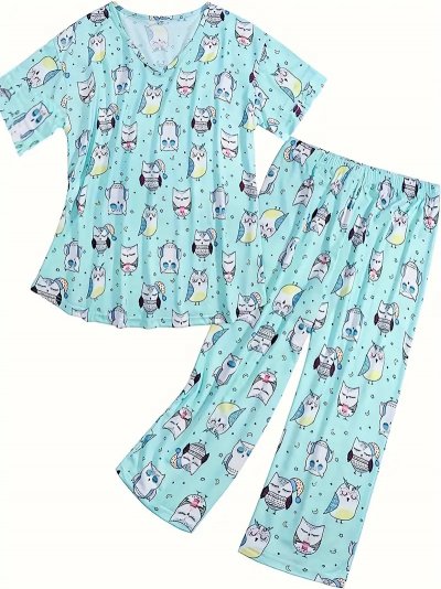 Temu Pajamas Shortsleeved Top and Bottoms Cute Owls on Light Blue.jpg