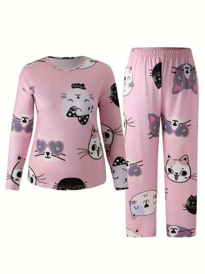 Temu Pajamas Long-sleeved Top and Bottoms Cat Faces B&W on Pink.jpg